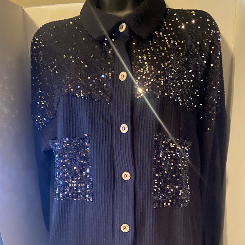 Sequin-Embellished Navy Button-Front Blouse